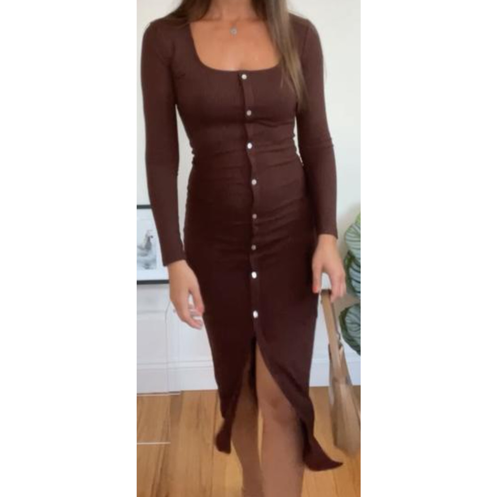 Mango Brown Long-Sleeve Midi Button-Front Dress